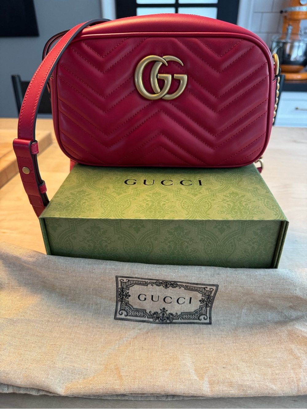 Gucci Red GG Marmont Chevron Shoulder Bag.